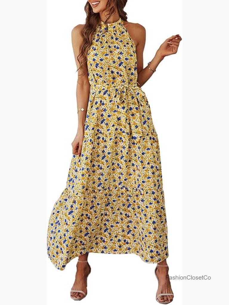 Sleeveless Halter Neck Maxi Dress Flowy Ruffle Hem Boho Dress With Belt